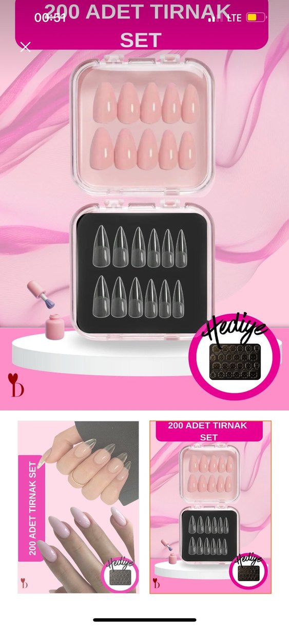 200 Parça Pembe Pastel Takma Tırnak Seti - Görsel 2