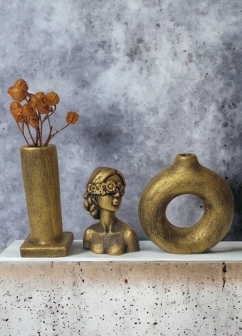 Vintage 3'lü Altın Eskitme Vazo Seti 