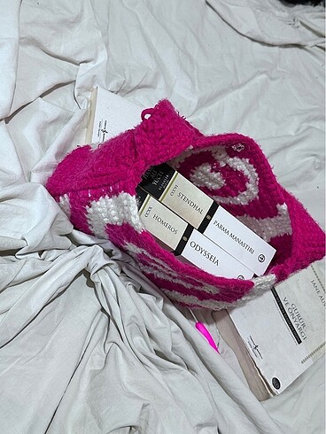 Beden Kalp desenli örgü baget çanta / Powerpuf heart bag