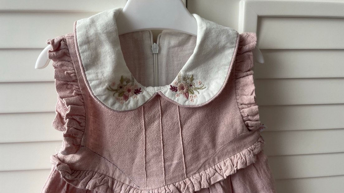 Kız Çocuk Keten Pembe bebe yaka Elbise - Görsel 2