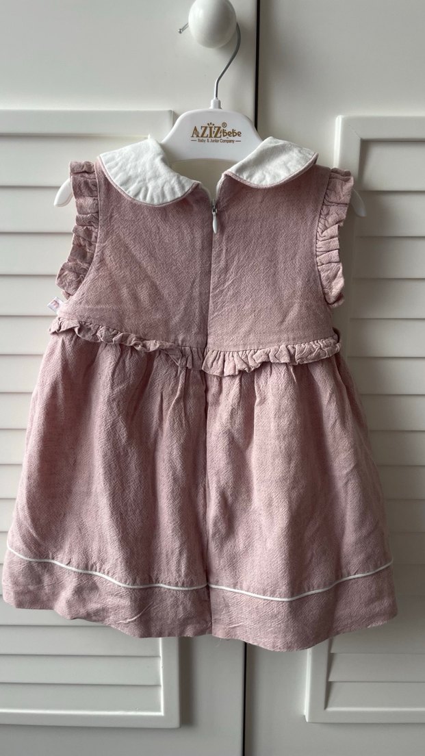 Kız Çocuk Keten Pembe bebe yaka Elbise - Görsel 3
