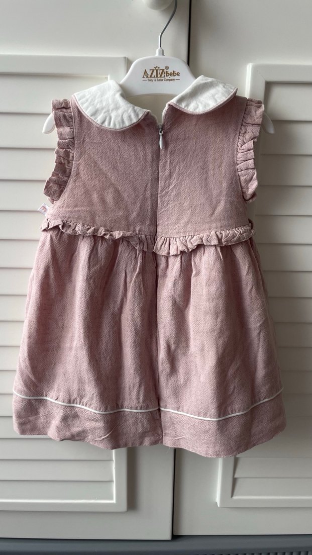 Kız Çocuk Keten Pembe bebe yaka Elbise - Görsel 4