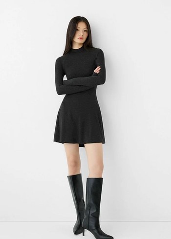 Bershka Kadın Gri Yüksek Yakalı Triko Elbise