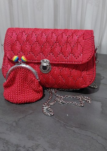 Nakışlı Kırmızı Örgü Kadın Çanta - Görsel 10