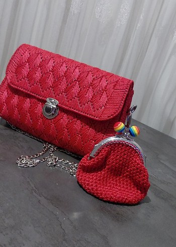 Nakışlı Kırmızı Örgü Kadın Çanta - Görsel 2
