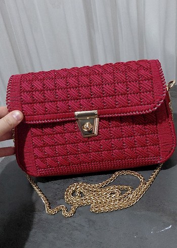 Nakışlı Kırmızı Örgü Kadın Çanta - Görsel 6