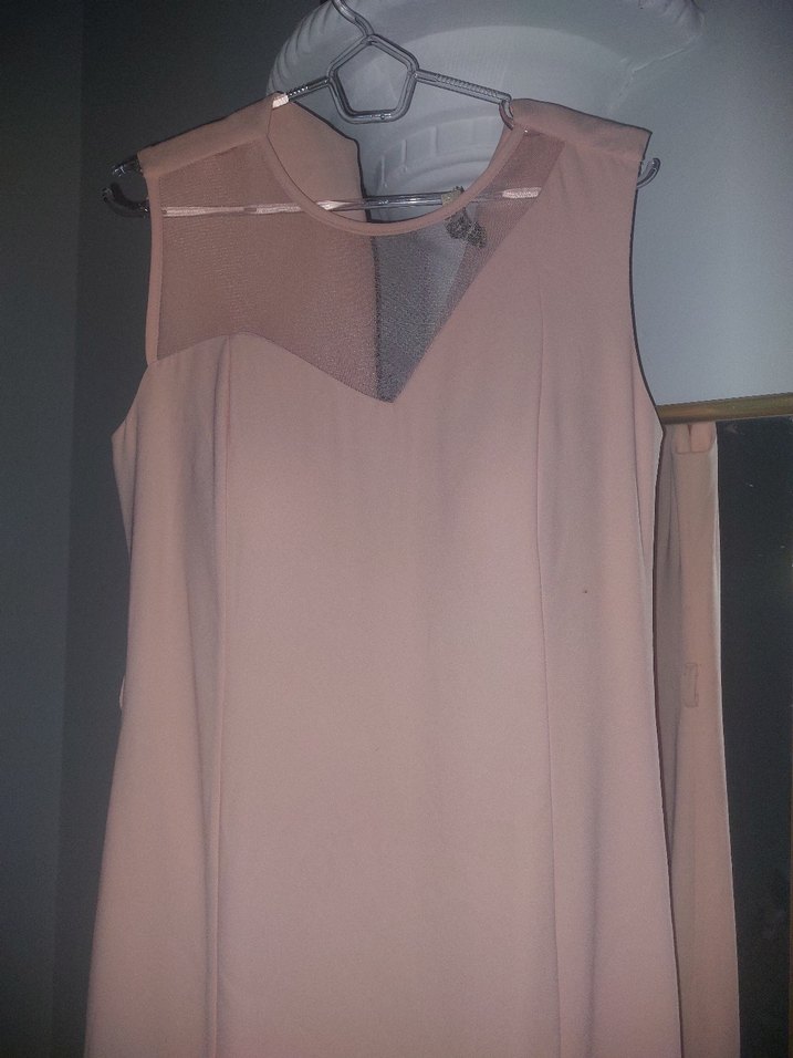 Bej Midi V Yaka Kolsuz Ofis Elbisesi - Görsel 2