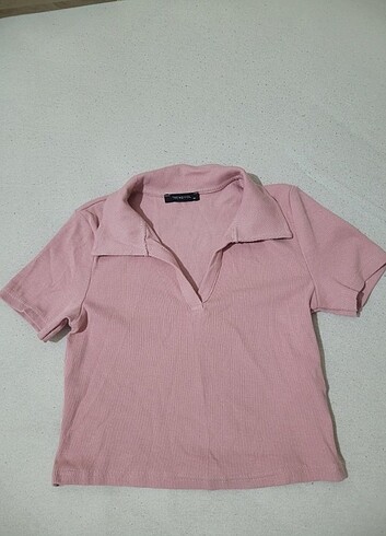 Gül kurusu fitted vücuda oturan crop polo yaka fitilli esnek örm