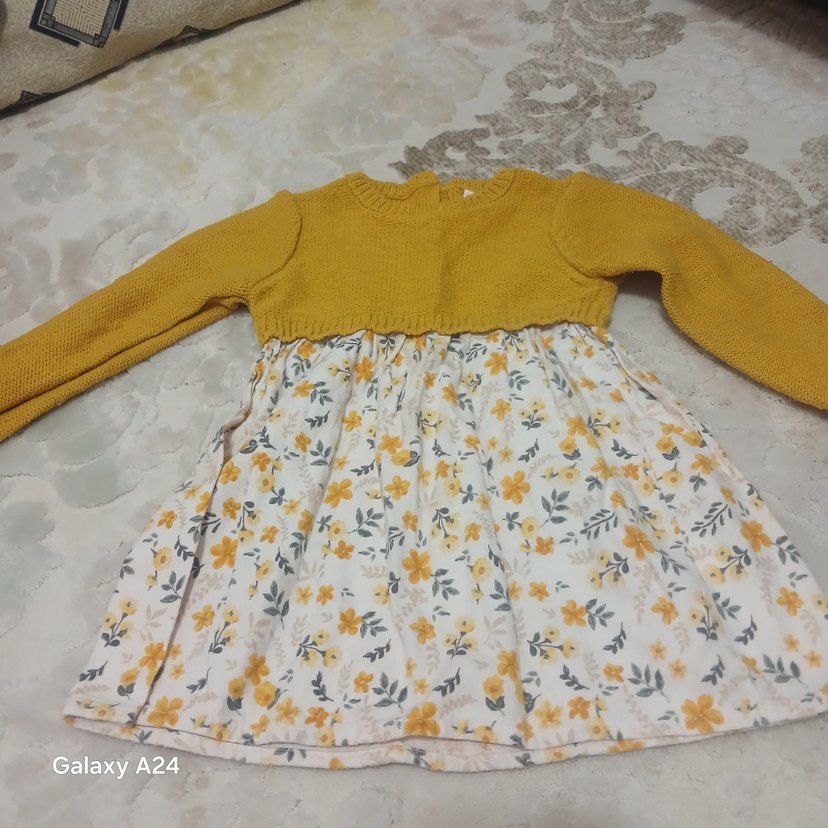 Sarı Çiçek Desenli Kız Çocuk Triko Elbise - Görsel 2