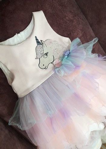Kız Çocuk Unicorn Baskılı Fırfırlı Elbise - Görsel 6