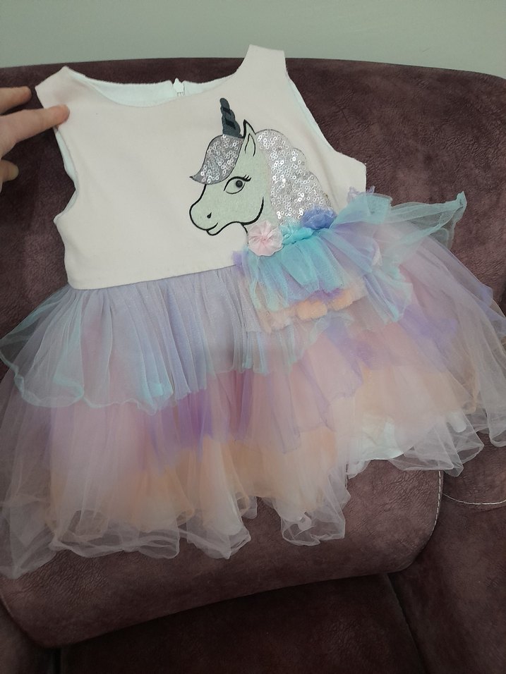 Kız Çocuk Unicorn Baskılı Fırfırlı Elbise - Görsel 2