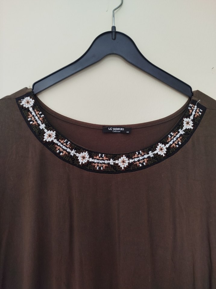 İşlemeli Kahverengi Bohem Midi Elbise - Görsel 3