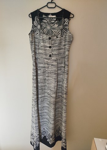 Gri Düğmeli V Yakalı Uzun Bohem Elbise - Görsel 5