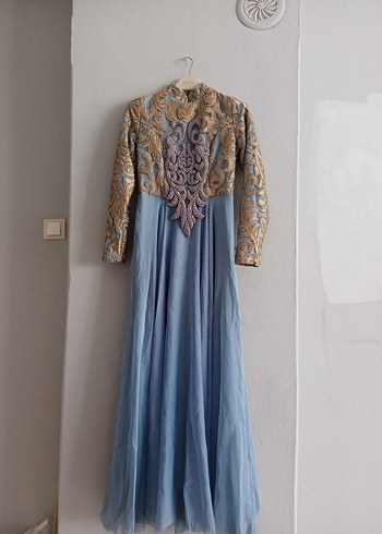 Mavi Nakışlı Uzun Bohem Kadın Elbise - Görsel 3