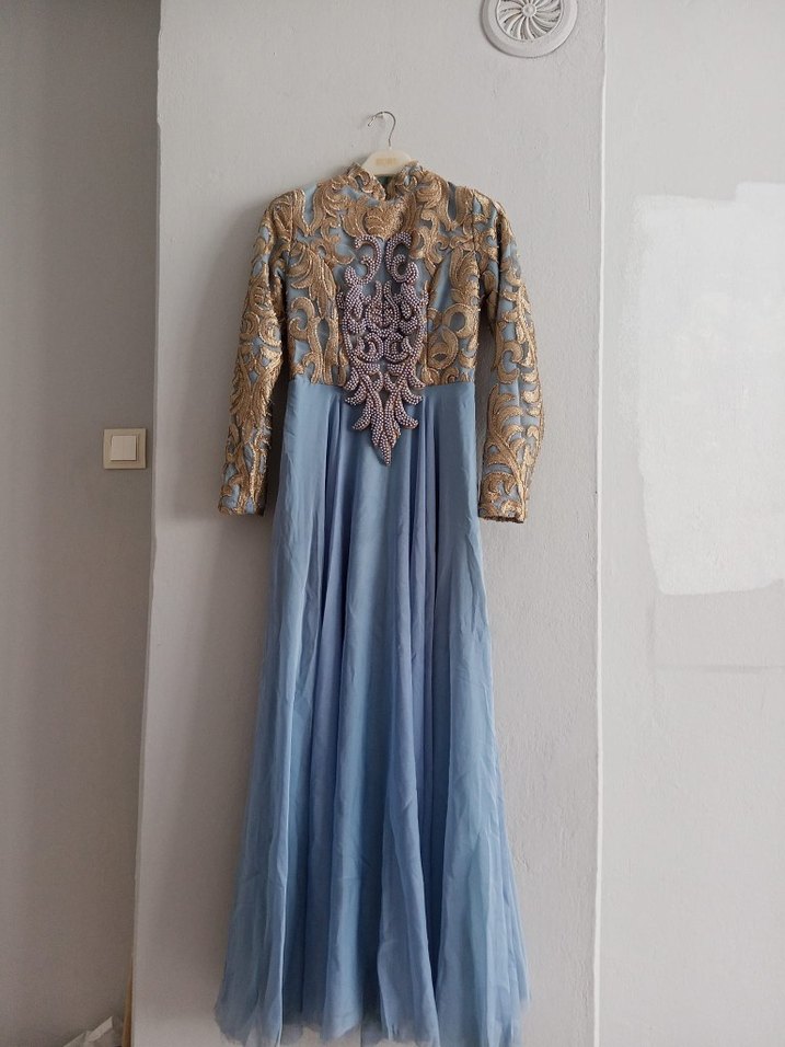 Mavi Nakışlı Uzun Bohem Kadın Elbise - Görsel 3