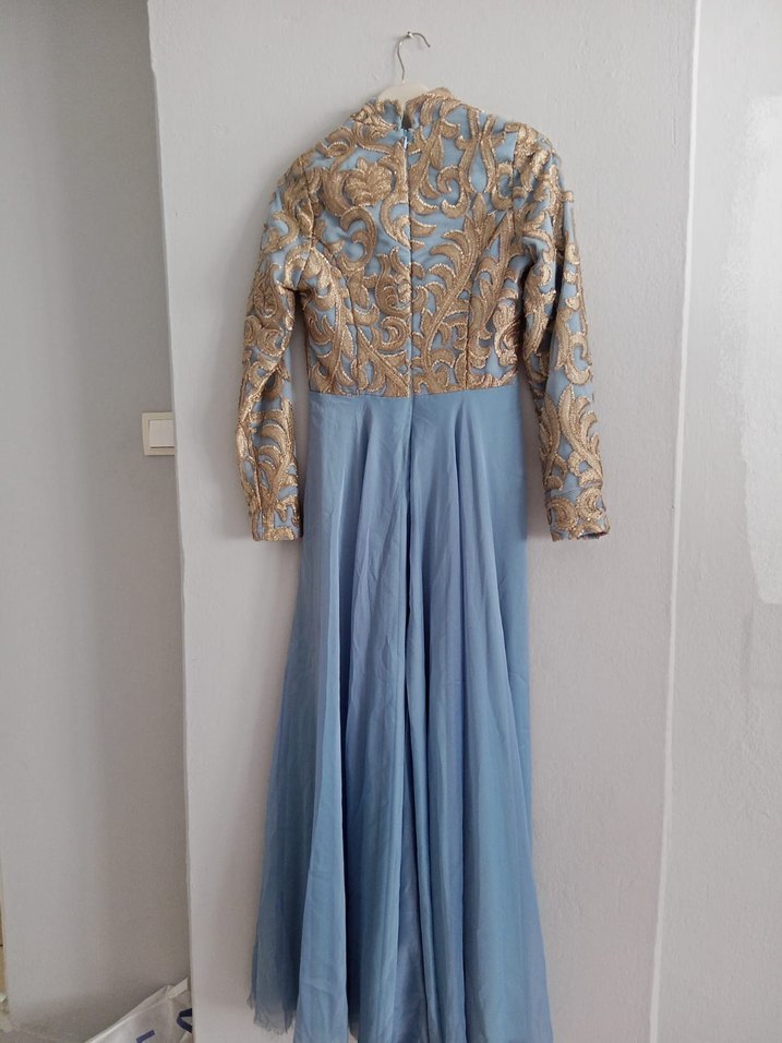 Mavi Nakışlı Uzun Bohem Kadın Elbise - Görsel 4