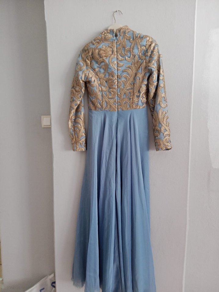 Mavi Nakışlı Uzun Bohem Kadın Elbise - Görsel 2