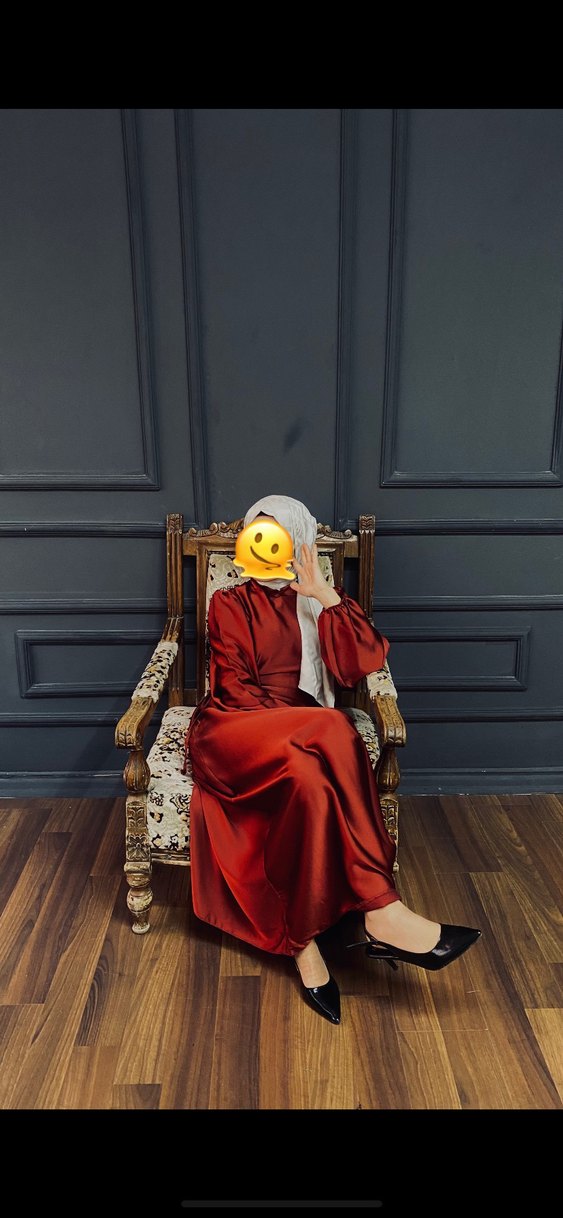 Bordoya kaçan kiremit rengi  Uzun Kollu Salaş Saten Elbise - Görsel 5