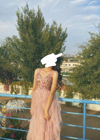 Abiye Pembe Renkli, Uzun, Askılı Bohem Nişan Elbisesi