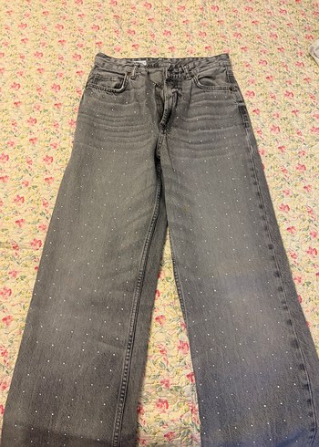 Zara Tas Detayli Koyu Gri Genis Paca Jean