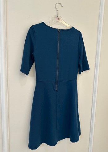 Mavi Midi Kısa Kollu Piliseli Elbise - Görsel 2