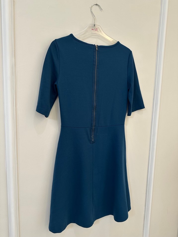 Mavi Midi Kısa Kollu Piliseli Elbise - Görsel 2