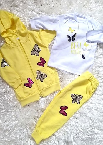 Pullu Kelebek işlemeli 3lü Kız Bebek Takım - Görsel 2