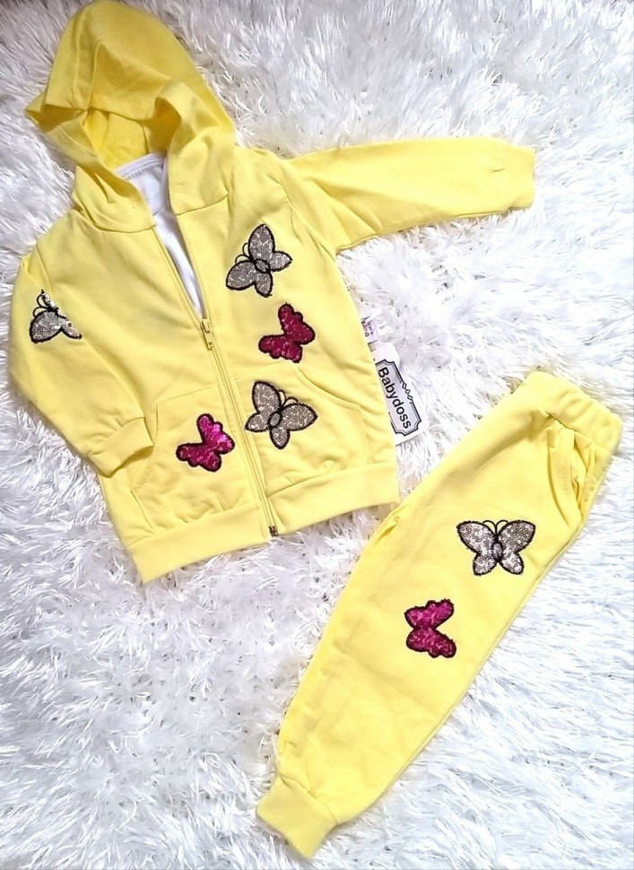 Pullu Kelebek işlemeli 3lü Kız Bebek Takım - Görsel 3