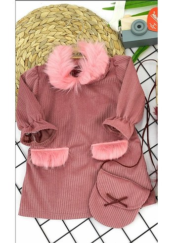 Pembe Kürklü Uzun Kollu kadife Kız bebek elbise - Görsel 2