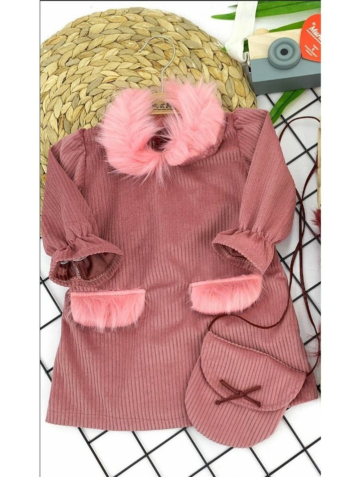 Pembe Kürklü Uzun Kollu kadife Kız bebek elbise - Görsel 3
