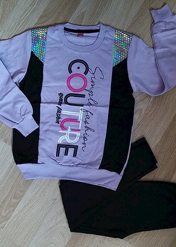 Mor Payetli Kız Sweatshirtlü Taytlı Takım - Görsel 2