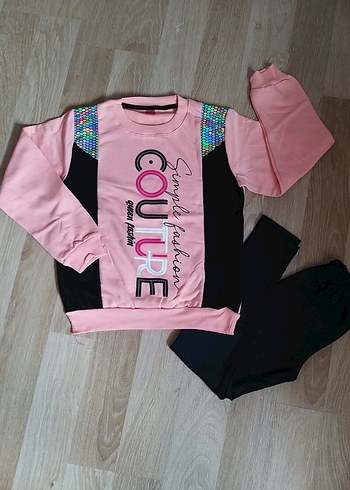 Kız Çocuk Somon Payetli Sweatshirtlü Taytlı Takım - Görsel 2