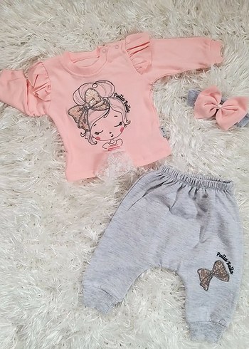 Somon Payetli Kız Bebek Uzun Kollu Takım - Görsel 2