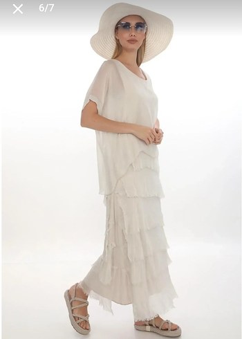 Bohem Tarz Uzun Beyaz ipek elbise - Görsel 5