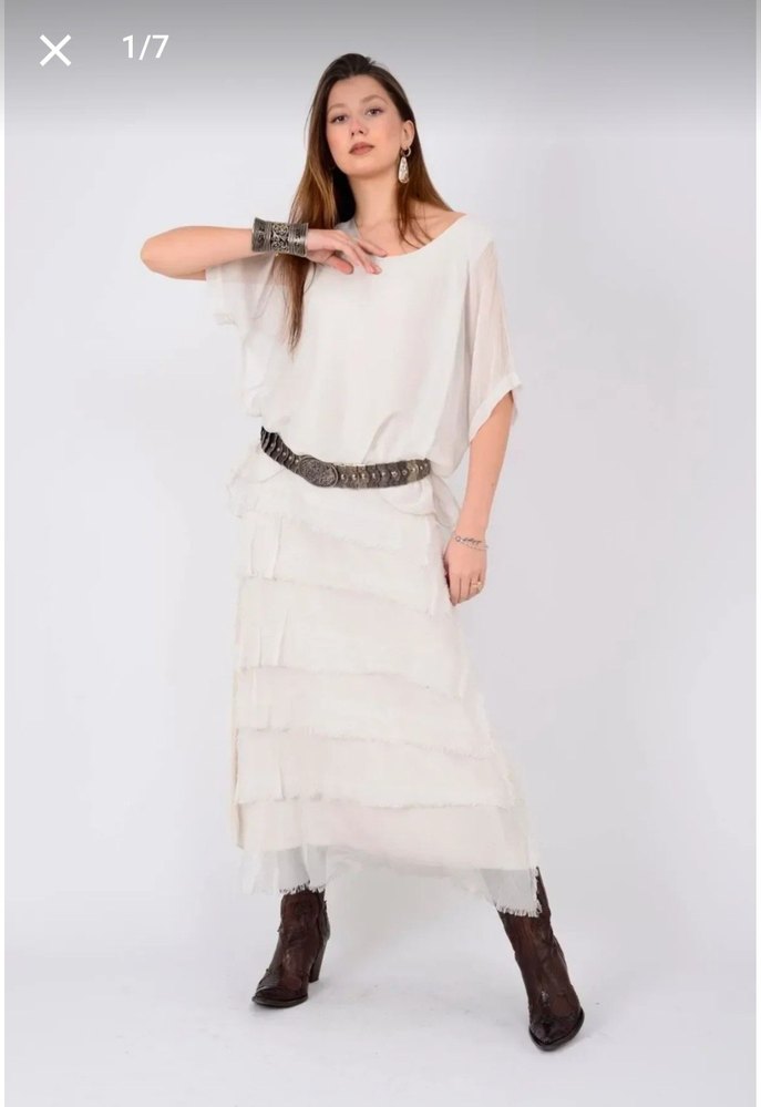 Bohem Tarz Uzun Beyaz ipek elbise - Görsel 3