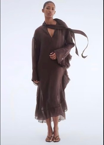 Uzun Kahverengi Kadın KAFTAN  Elbise - Görsel 10