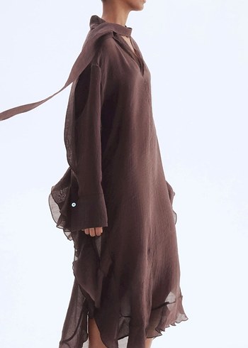 Uzun Kahverengi Kadın KAFTAN  Elbise - Görsel 9