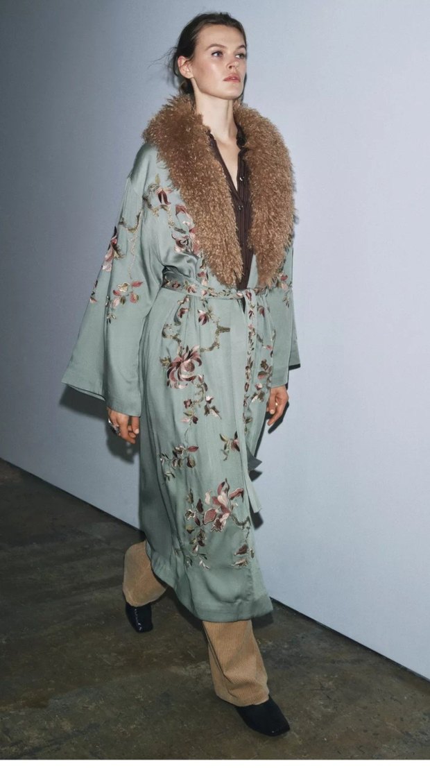 Kürklü Nakışlı Uzun Kadın Kimono - Görsel 5