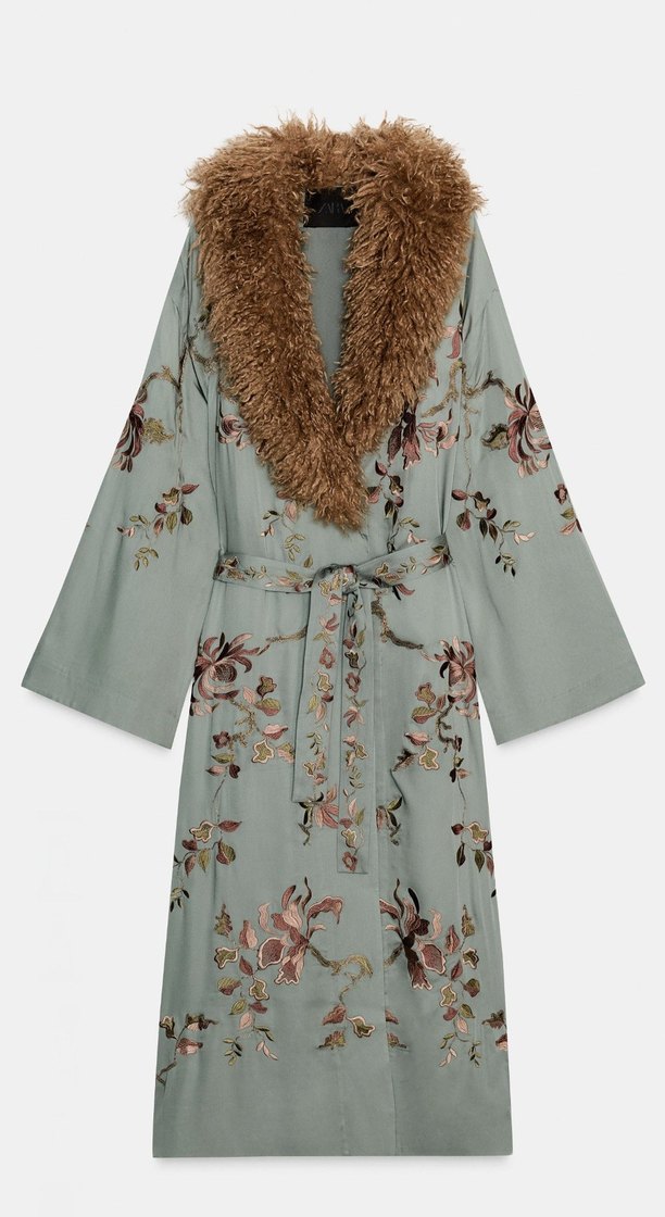 Kürklü Nakışlı Uzun Kadın Kimono - Görsel 4