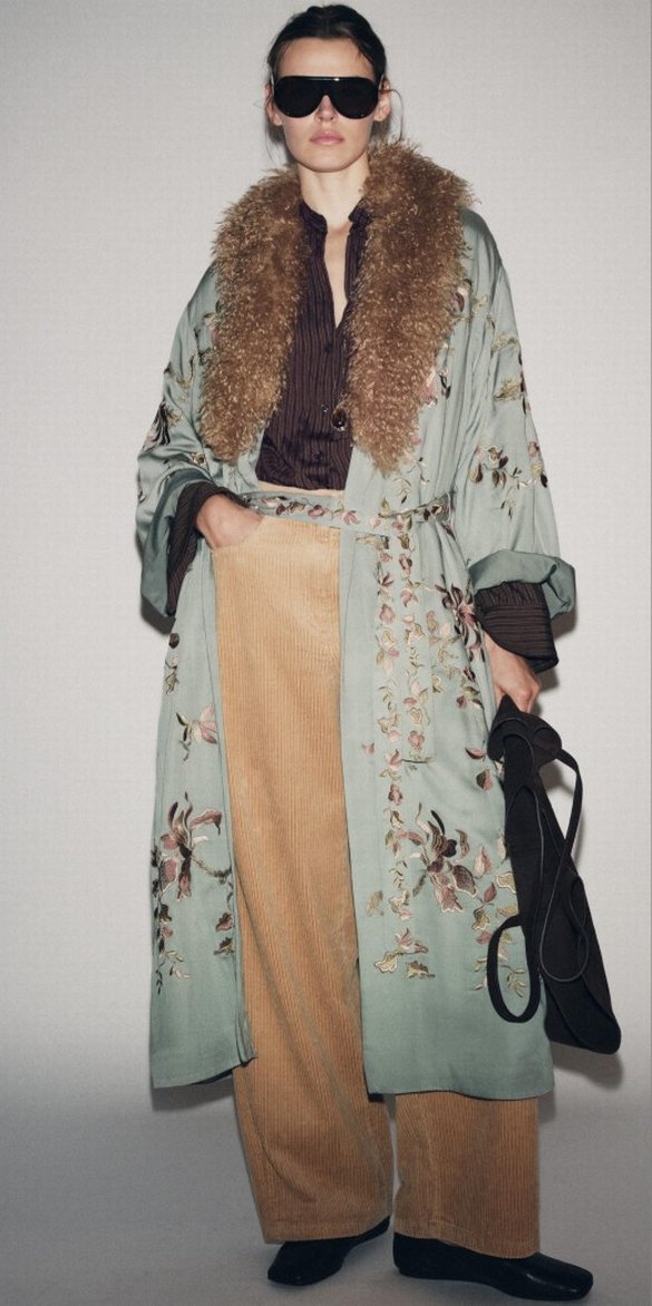 Kürklü Nakışlı Uzun Kadın Kimono - Görsel 2