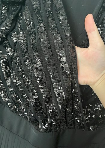 Uzun Kollu pullu Siyah Abiye Elbise - Görsel 3