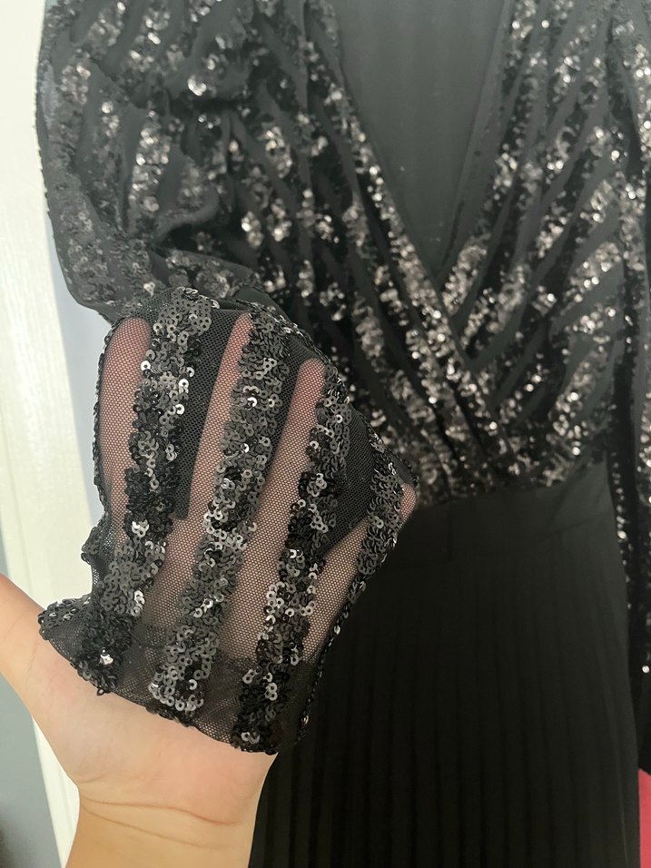 Uzun Kollu pullu Siyah Abiye Elbise - Görsel 5