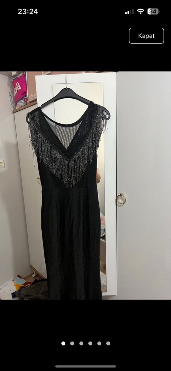Siyah Drapeli Uzun V Yaka Gotik Abiye Elbise - Görsel 4