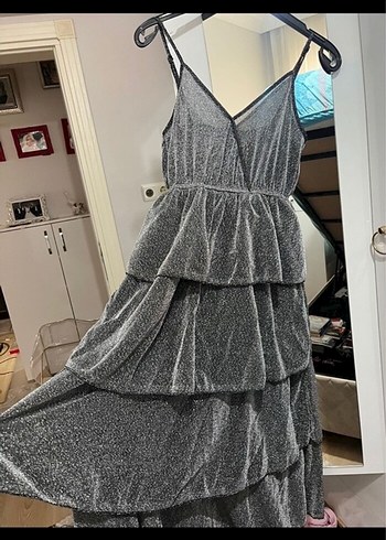 Gri Fırfırlı Uzun Denim Elbise - Görsel 4