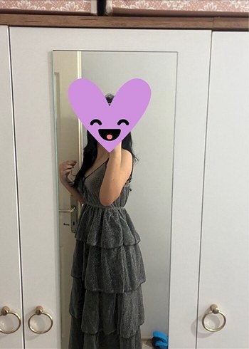 Gri Fırfırlı Uzun Denim Elbise - Görsel 2