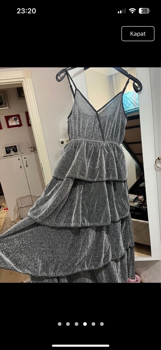 Gri Fırfırlı Uzun Denim Elbise - Görsel 4