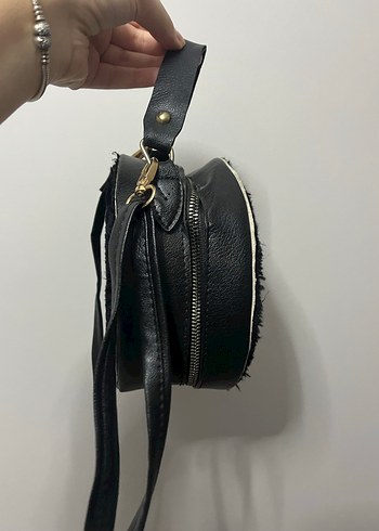 Siyah Süet Kadın Çanta, Kürk Detaylı - Görsel 3