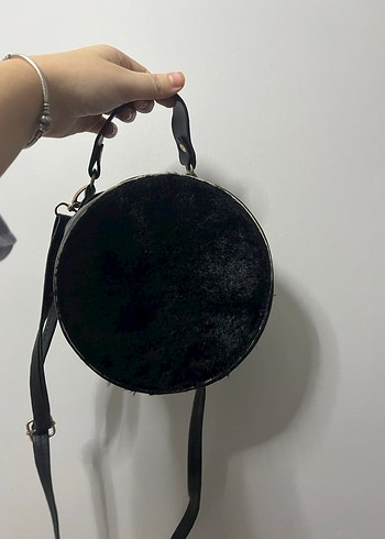 Siyah Süet Kadın Çanta, Kürk Detaylı - Görsel 5