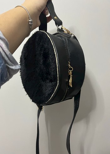 Siyah Süet Kadın Çanta, Kürk Detaylı - Görsel 2