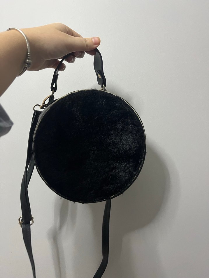 Siyah Süet Kadın Çanta, Kürk Detaylı - Görsel 5
